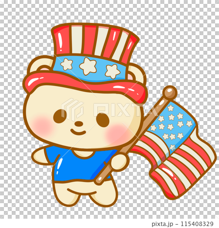 Hand drawn illustration kawaii bear american 4th of july party celebration USA Independence Day Doodle cute animal national isolated elements on white background  115408329