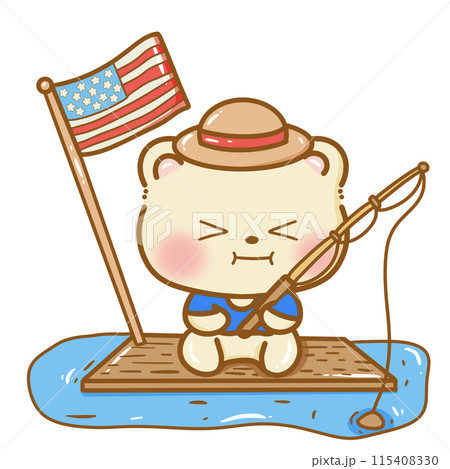 Hand drawn illustration kawaii bear fishing famerican 4th of july party celebration USA Independence Day Doodle cute animal national isolated elements on white background  115408330