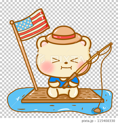 Hand drawn illustration kawaii bear fishing famerican 4th of july party celebration USA Independence Day Doodle cute animal national isolated elements on white background  115408330