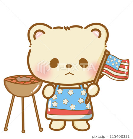 Hand drawn illustration kawaii bear american 4th of july party celebration USA Independence Day Doodle cute animal national isolated elements on white background grilling and holding a flag Hand drawn illustration kawaii bear american 4th of july party celebration USA Independence Day Doodle cute animal national isolated elements on white background grilling and holding a flag 115408331