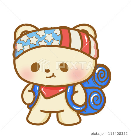 Hand drawn illustration kawaii bear american 4th of july party celebration USA Independence Day Doodle cute animal national isolated elements on white background going hiking 115408332