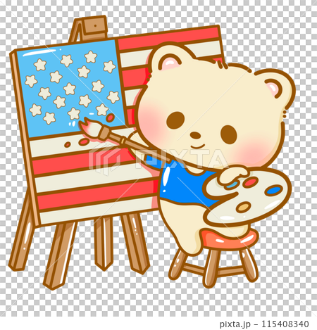 Hand drawn illustration kawaii bear american 4th of july party celebration USA Independence Day Doodle cute animal national isolated elements on white background drawing a flag 115408340