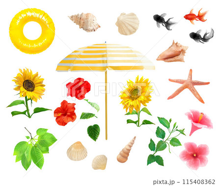 夏の植物と旅行のアウトドアグッズー夏のイメージアイテムイラストセットベクター素材 115408362