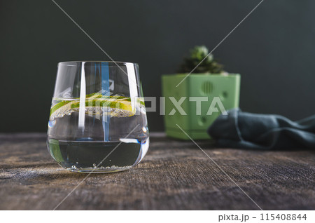 Refreshing water with lime slices in a glass and a succulent in a pot on the table Refreshing water with lime slices in a glass and a succulent in a pot on the table 115408844
