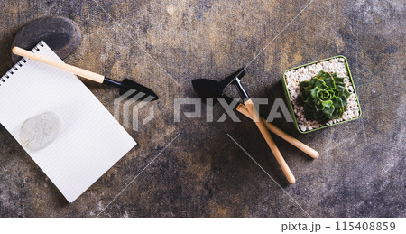 Succulent plant, home gardening tools, notebook and stones on the table top view web banner Succulent plant, home gardening tools, notebook and stones on the table top view web banner 115408859