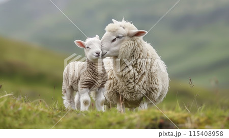 Two sheep graze in a grassy field of yellow flowers 115408958