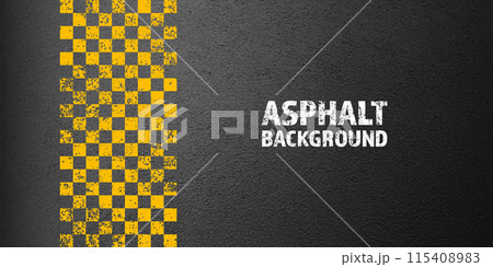 Asphalt road with yellow cracked lane marking, concrete highway surface, texture. Street traffic line, road dividing strip. Pattern with grainy structure, grunge stone background. Vector illustration Asphalt road with yellow cracked lane marking, concrete highway surface, texture. Street traffic line, road dividing strip. Pattern with grainy structure, grunge stone background. Vector illustration 115408983