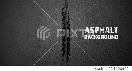 Black grunge tire tracks, wheel braking marks. Truck, car or motorcycle tread pattern silhouettes. Auto race, motorsport, speed racing design element. Asphalt texture. Vector illustration 115408996