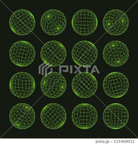 Wireframe shapes, lined sphere. Perspective mesh, 3d grid. Low poly geometric elements. Retro futuristic design elements, y2k, vaporwave and synthwave style. Vector illustration Wireframe shapes, lined sphere. Perspective mesh, 3d grid. Low poly geometric elements. Retro futuristic design elements, y2k, vaporwave and synthwave style. Vector illustration 115409012