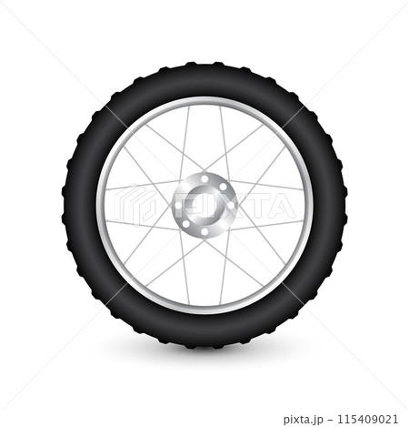 Realistic 3d bicycle wheel. Bike rubber tire, shiny metal spokes and rim. Fitness cycle, touring, sport, road and mountain bike. Vector illustration 115409021