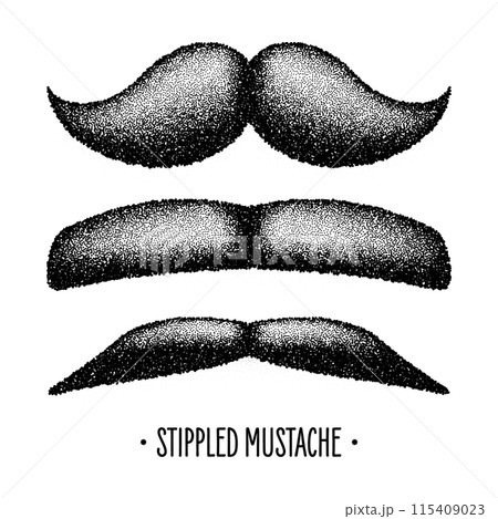 Stippled vintage mustache. Curly facial hair. Hipster beard. Stippling, dot drawing and shading, stipple pattern, halftone effect. Vector illustration 115409023
