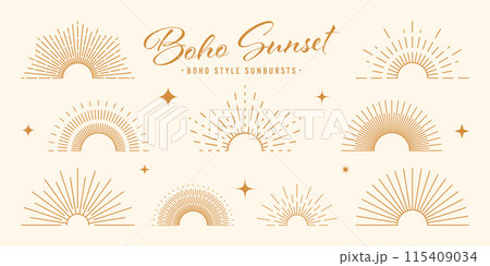 Vintage sunburst, sunset beams, half circle sunrise. Boho style, modern minimalist bohemian design. Hand drawn bursting sun, light rays. Lettering design element in retro style. Vector illustration 115409034