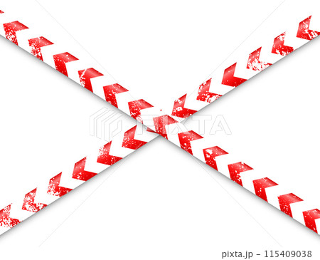 Old grunge barricade construction tape. Red police warning line, brightly colored danger or hazard stripe, ribbon. Restricted area, zone. Attention symbol. Vector illustration 115409038
