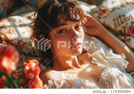 Happy young woman in love surrounded by flowers, valentines day concept. AI generated. 115409094