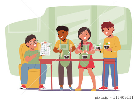 Group Of Children Happily Engaging In A School Project Involving Plants. Kids Wearing Aprons Work Together, Learning 115409111