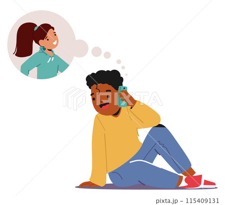 Cheerful African American Boy Is Talking On The Phone, Imagining His Female Friend Character With A Happy Expression 115409131