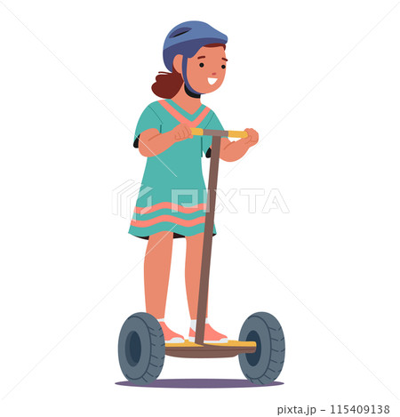 Young Girl Character Riding A Segway While Wearing A Dress And Helmet Isolated On White Background, Vector Illustration 115409138