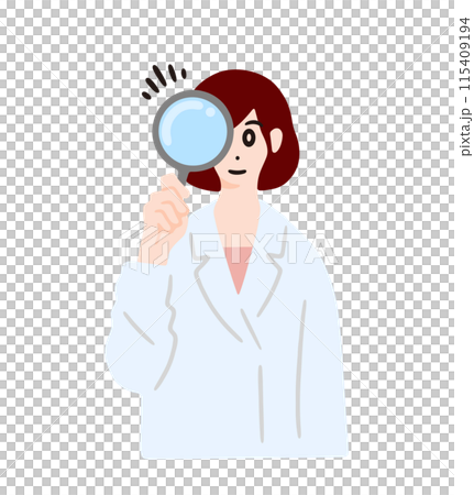Illustration of a woman in a white coat holding a magnifying glass 115409194