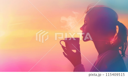 A woman drinking a cup of coffee with smoke coming out, AI 115409515