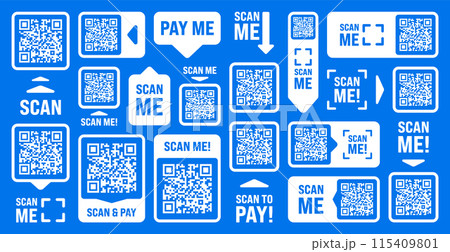 Scan me QR code sticker with text. Online payment. Special offer sale stickers, shopping discount label, promotional badge. Product serial number. Supermarket retail price tag. Vector illustration 115409801