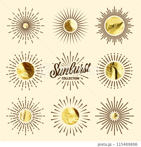 Vintage sunburst, sunset beams. Gold foil, shiny handmade circles. Golden glittering texture, pattern. Hand drawn bursting sun, light rays. Logotype or lettering, retro style. Vector illustration Vintage sunburst, sunset beams. Gold foil, shiny handmade circles. Golden glittering texture, pattern. Hand drawn bursting sun, light rays. Logotype or lettering, retro style. Vector illustration 115409806