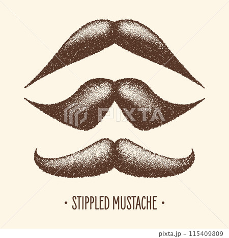 Brown stippled vintage mustache. Curly facial hair. Hipster beard. Stippling, dot drawing and shading, stipple pattern, halftone effect. Vector illustration 115409809