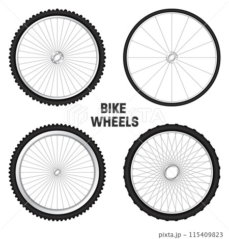 Realistic 3d bicycle wheels. Bike rubber tyres, shiny metal spokes and rims. Fitness cycle, touring, sport, road and mountain bike. Vector illustration 115409823