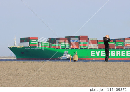 コンテナ埠頭に停泊する大型貨物船 115409872
