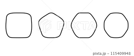 Set of geometric frames with rounded corners. Square, pentagon, hexagon and octagon shapes isolated on white background. Vector outline illustration 115409948