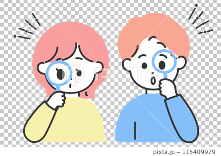Illustration of cute men and women holding magnifying glasses Illustration of cute men and women holding magnifying glasses 115409979