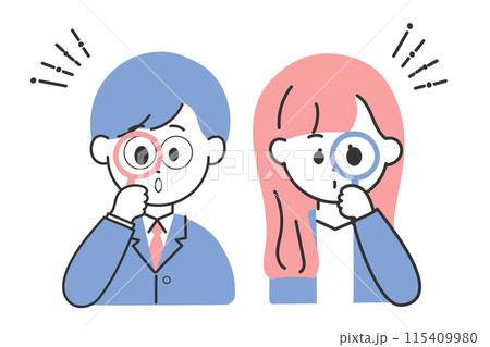 虫眼鏡を持っているかわいいスーツの男女のイラスト 115409980