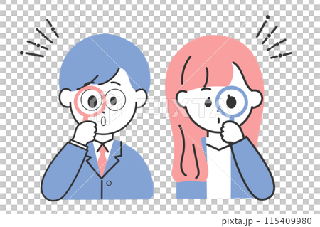 虫眼鏡を持っているかわいいスーツの男女のイラスト 115409980