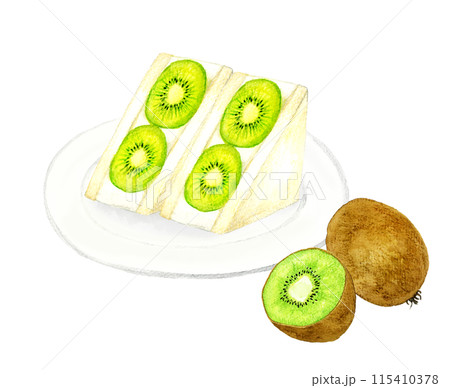 キウイのフルーツサンドと果実　スイーツ・カフェメニューの手描き水彩イラスト素材 115410378