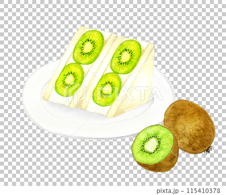 キウイのフルーツサンドと果実　スイーツ・カフェメニューの手描き水彩イラスト素材 115410378