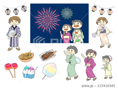 夏のイラストセット 花火 盆踊り 夏のイラストセット 花火 盆踊り 115410385