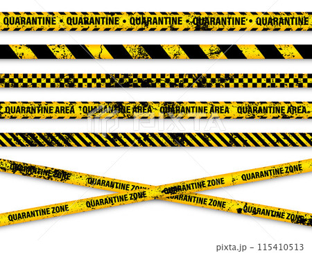 Old grunge quarantine zone warning tape. Novel coronavirus outbreak. Global lockdown. Yellow coronavirus danger stripe. Police caution line, restricted area. Construction tape. Vector illustration 115410513