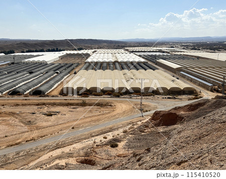 Top view of greenhouses in the Arava desert 115410520