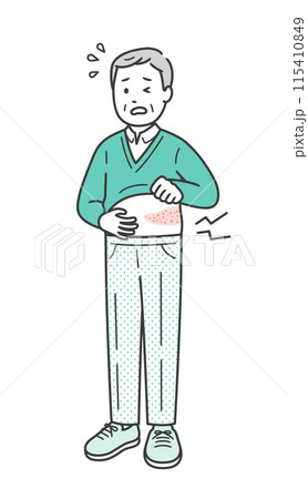 帯状疱疹で脇腹が痛み顔をしかめる高齢男性の全身イラスト 帯状疱疹で脇腹が痛み顔をしかめる高齢男性の全身イラスト 115410849