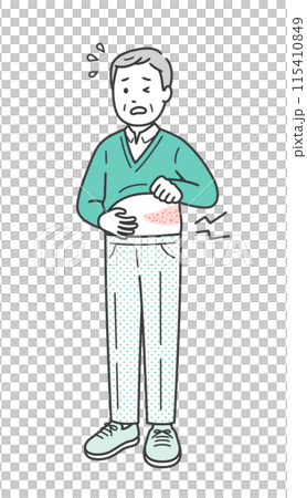 帯状疱疹で脇腹が痛み顔をしかめる高齢男性の全身イラスト 帯状疱疹で脇腹が痛み顔をしかめる高齢男性の全身イラスト 115410849