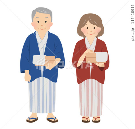 温泉旅行_浴衣姿のシニア夫婦_ベクターイラスト 115410913