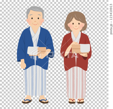 温泉旅行_浴衣姿のシニア夫婦_ベクターイラスト 115410913