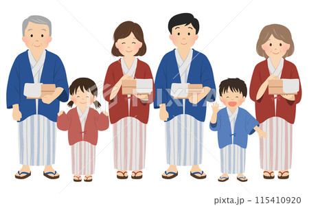 温泉旅行_浴衣姿の3世代家族_ベクターイラスト 温泉旅行_浴衣姿の3世代家族_ベクターイラスト 115410920