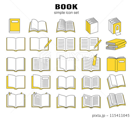 本　アイコン　シンプル　線画　ベクター　イラスト　素材　セット　かわいい　読書　文具　ノート　黄色 115411045