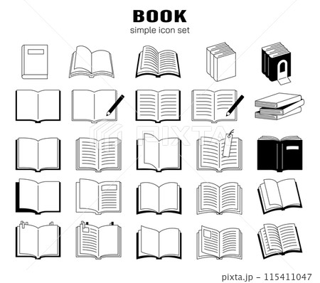本　アイコン　シンプル　線画　ベクター　イラスト　素材　セット　かわいい　読書　文具　ノート　白黒 115411047