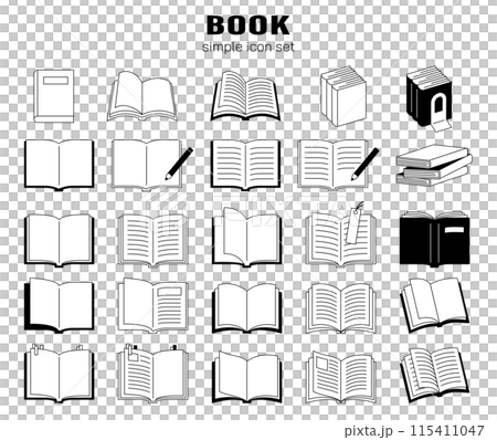 本　アイコン　シンプル　線画　ベクター　イラスト　素材　セット　かわいい　読書　文具　ノート　白黒 115411047