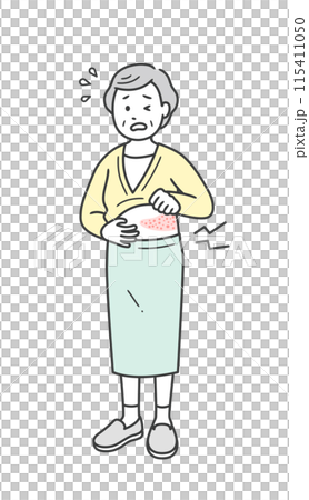 帯状疱疹で脇腹が痛み顔をしかめる高齢女性の全身イラスト 115411050