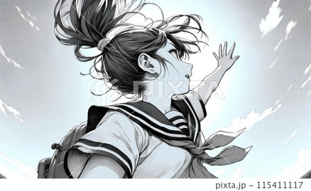 空に手を伸ばす女子高生のイラスト 115411117