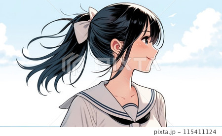 景色を見つめるセーラー服を着た女子高生 115411124