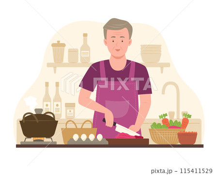 Senior Man Cooking Healthy Food in Kitchen 115411529