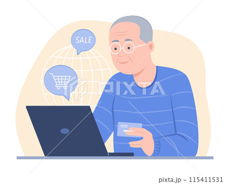 Elderly Man Doing Online Shopping on Laptop for E-Commerce Concept Illustration Elderly Man Doing Online Shopping on Laptop for E-Commerce Concept Illustration 115411531